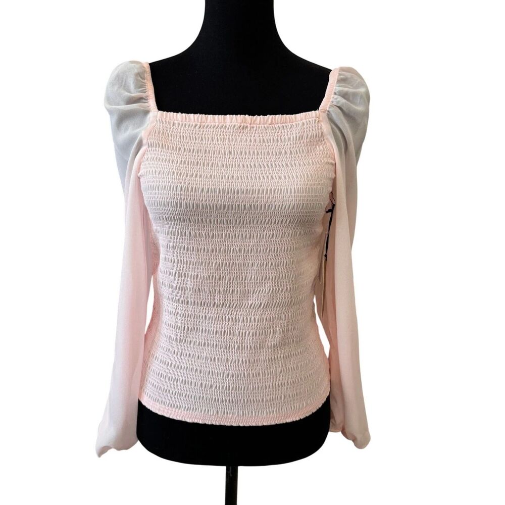 Halogen Women's Pink Square Neck Smocked Blouse Sheer Sleeve Off Shoulder XXL